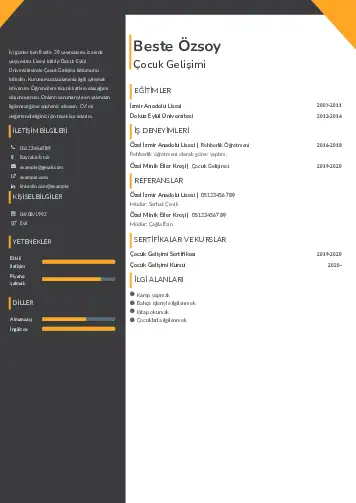Çocuk Gelişimi Bölümü CV Örnekleri cv indir